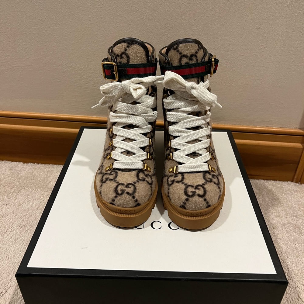 💯Authentic Gucci Wool GG Trip Ankle Boot Size 37.5